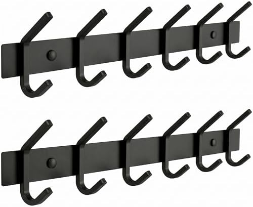 Coat Rack Wall Mount – 17 Inch Stainless Steel Hook Rail with 6 Double Coat Hooks for Hanging – Wall Mounted Entryway Organizer for Coats, Hats, Bags, Towels, Robes, Closet or Bathroom - Black 2 Pack by SAYONEYES