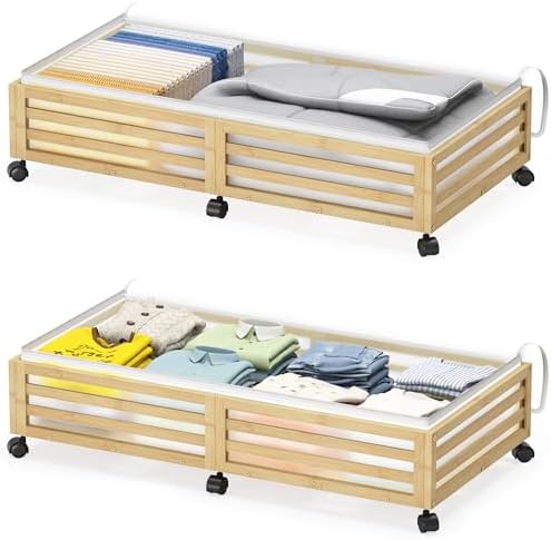 Under Bed Storage with Wheels-Large Bamboo Underbed storage Containers with Large Dust Bag Stackable Under the Bed Shoe Storage Bins for Clothes Books Bedding (2 Packs Nature, 33.07"L×16.54"W× 6.5"H) by Xadgve