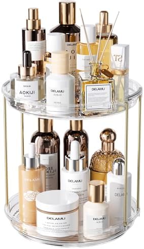 Delamu Rotating Makeup Organizer for Vanity, 2 Tier Bathroom Counter Organizer with Stackable Design, Spinning Skincare Organizer for Bathroom Countertop, Perfume Cosmetic Storage, Clear by DELAMU