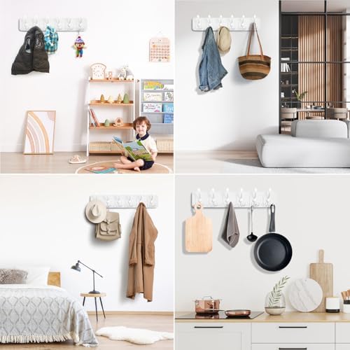 Solid Pine Wooden Wall-Mounted Coat Rack - Rustic Entryway Organizer with 6 Zinc Alloy Hooks, Space Saving Wall Coat Hanger for Jackets, Hats, Bags, Towels & Robes (White, 6 Triple Hooks) - Image 5