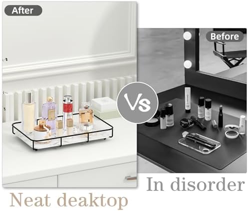 Dobbyby Vanity Tray Makeup Organizer Cosmetics Storage Bathroom Skincare Organizer Countertop Display Rack in Dresser Stainless Steel Shelf Marble Print Ceramic Trays - Image 4