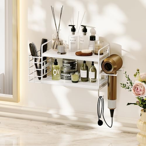 3-in-1 Wall Mounted Hair Dryer Holder with 2 Tier Shelves & Detachable Basket, Space Saving Organizer for Bathroom, Kitchen, Bedroom, Rust-Resistant, Easy Install (White) - Image 3