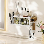 3-in-1 Wall Mounted Hair Dryer Holder with 2 Tier Shelves & Detachable Basket, Space Saving Organizer for Bathroom, Kitchen, Bedroom, Rust-Resistant, Easy Install (White) - Image 3
