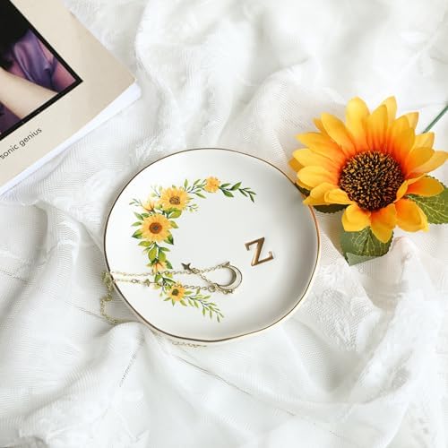 COLLECTIVE HOME - Ceramic Jewelry Tray, Trinket Dish for Rings Earrings Necklaces Bracelet Watch Keys, Birthday Mother's Day Christmas Gift for Women, 4.75", White Surface wirh Sunflowers (z) - Image 2