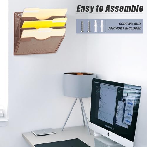 EASEPRES 3 Pocket Mesh Hanging Wall File Organizer, Wall Mounted Mail Paper Document Folder Holder, Clipboard Storage Organization Magazine Rack with Nametag Label for Office Home School, Brown - Image 6