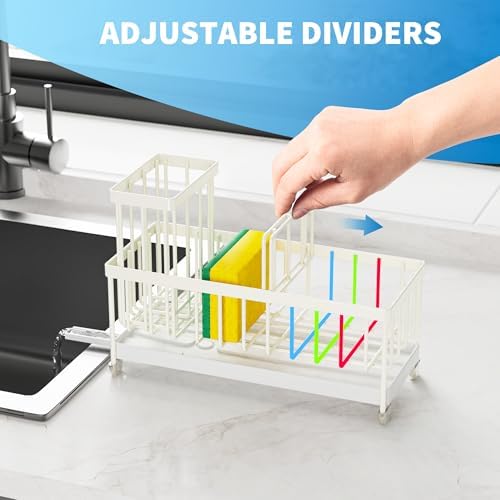Cisily Sponge Holder for Kitchen Sink, Sink Caddy Organizer with High Brush Holder, Kitchen Countertop Organizers and Storage Essentials, Rustproof 304 Stainless Steel (Cream, 9.25″) - Image 4