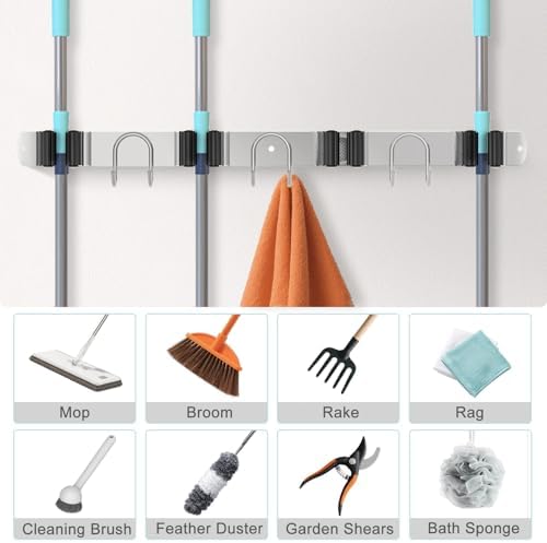 Mop Broom Holder Wall Mount, 2 Packs Silver Stainless Steel Tool Storage Organizer for Kitchen Garden Garage Laundry Room Bathroom and RV with 4 Slots 6 Hooks - Image 6