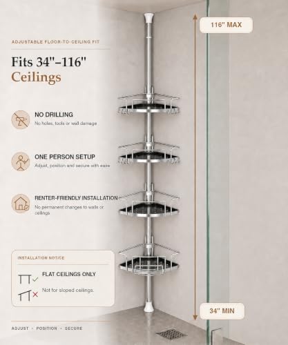 ALLZONE Corner Shower Caddy Tension Pole, 4 Hang-On Basket with Mixed-Height Shelves for Various Bottle Sizes, Extra Hooks & Soap Holder, Rustproof Stainless Steel, Fits 34–116 Inch, Silver/Dark Gray - Image 3