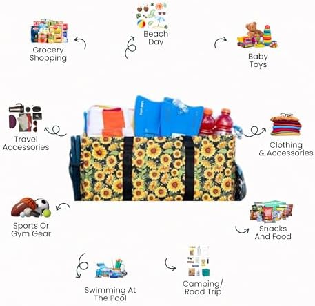 Extra Large Utility Tote Bag - Oversized Collapsible Reusable Wire Frame Rectangular Canvas Basket With Two Exterior Pockets For Beach, Pool, Laundry, Car Trunk, Storage - Sunflower - Image 3