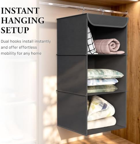 Simple Houseware 3 Shelf Hanging Closet Organizer, Dark Gray | 360° Rotating Dual Hooks, Top Support Metal Frame - Image 6