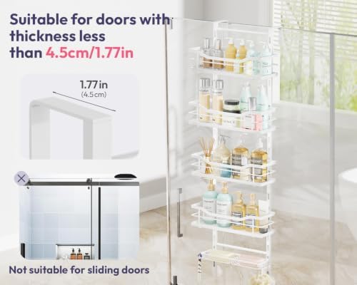 SWTYMIKI Over the Door Shower Caddy - 5 Tier Adjustable Shower Organizer Hanging with Soap Holder, No Drilling Stainless Steel Bathroom Rack Hanging for Body Wash, Shampoo, Soap, Razor, White - Image 7