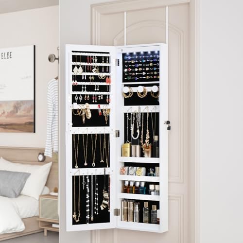 Full Length Mirror Jewelry Cabinet Organizer Lockable Door Wall-Mounted Jewelry Armoire with Shelves and Behind-the-Door Storage - White - Image 5