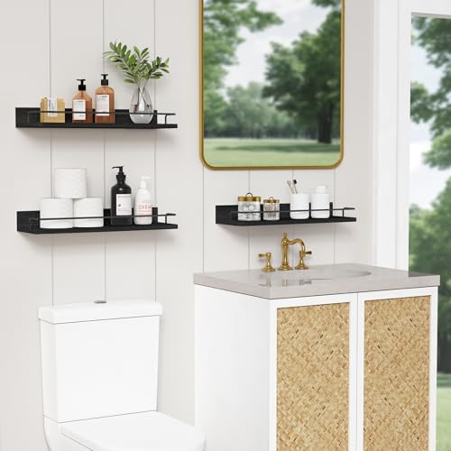 Forbena Black Floating Shelves for Wall, Bahtroom Wall Shelves Over Toilet, Rustic Hanging Shelf with Lip Rail for Bedroom Kitchen Office Living Room Picture Photo Decor, 17 Inch Long-Set of 3 - Image 2