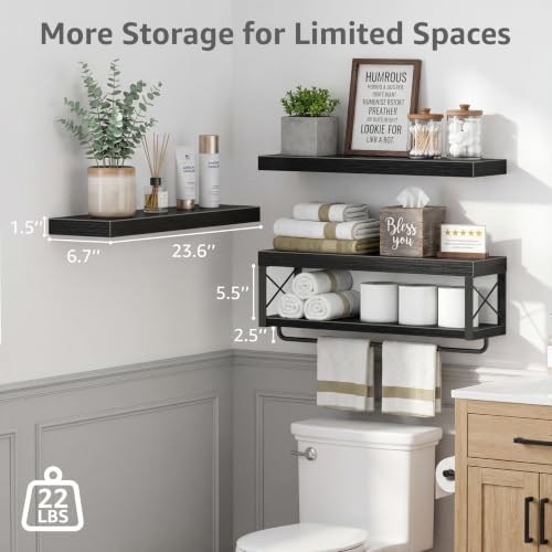 QEEIG Bathroom Shelves Over Toilet - Floating Shelf for Wall Toilet Paper Storage Farmhouse 24 inch Long Set of 3, Black (029-60B3) - Image 3