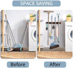 Right Pull Out Mop and Broom Holder, Rustic Wood Broom Hanger with 4 Slots and 4 Hooks for Home Décor, Kitchen, Laundry Room and Closet, Broom and Mop Organizer Wall Mount for Garage Organize - Image 4