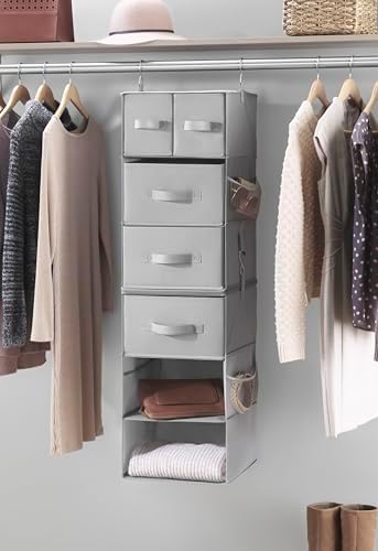 Whitmor Multi-Functional Hanging Organizer with Drawer Inserts- 5 Section - Closet Organizer - Grey by Whitmor