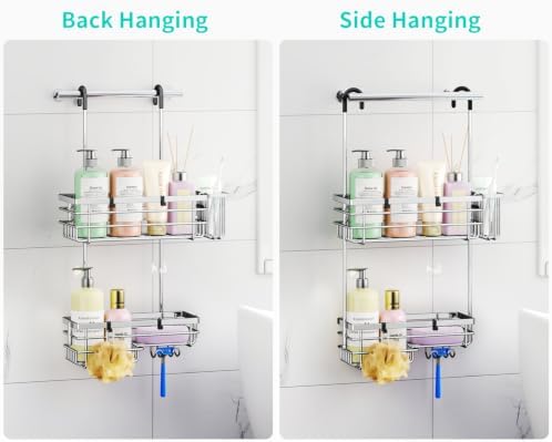 HapiRm Hanging Shower Caddy Organizer - No Drilling Shower Shelves with Hooks and Toothbrush Holder, Rustproof 304 Stainless Steel Bathroom Organizer - Silver - Image 5