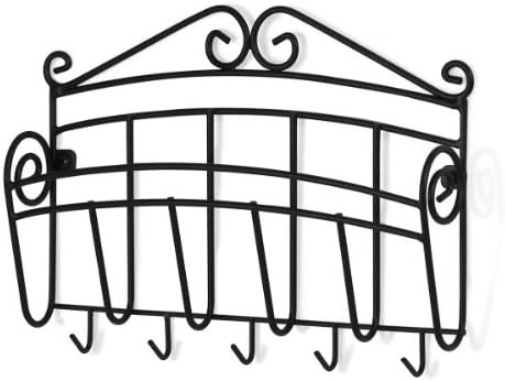 Spectrum Scroll Key and Mail Holder for Wall with Five Steel Hooks for Coats Leashes Purses, Wall Mounted Entryway Organizer, Letter Rack, Decorative Metal Storage for Home Office Organization, Black by Spectrum