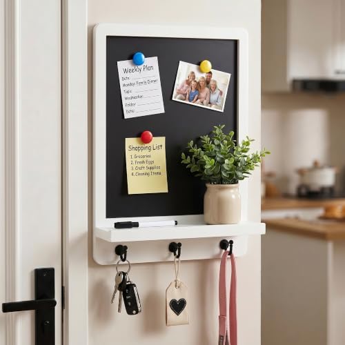 Tirzah 12 x 16 Inch Wall Mounted Magnetic Chalkboard with Shelf and 3 Hooks, White Wood Framed Hanging Memo Board Organizer for Entryway, Kitchen, Home Office - Image 6