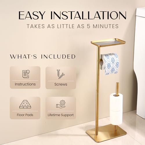Day Moon™ - Toilet Paper Holder - Modern Roll Holder for Bathroom - 1 Pack - Free Standing - with Shelf, Gold - Image 4