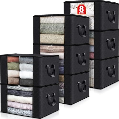 Fab totes 8 Pack Storage Bags for Clothes Blanket Storage Bins with Lids | Foldable Closet Organizers with Zippers,Window and Handles,Fabric Storage Bins for Sweater,Comforter,Bedding,Dorm essentials by Fabtotes