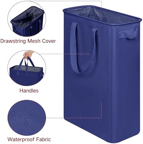 efluky Slim Laundry Basket, Narrow Laundry Hamper with Handles, Collapsible Dirty Clothes Hamper, Tall Laundry Bin for Laundry Room, Dorm and Bedroom, 12.7 Gallons(75L) Blue - Image 3