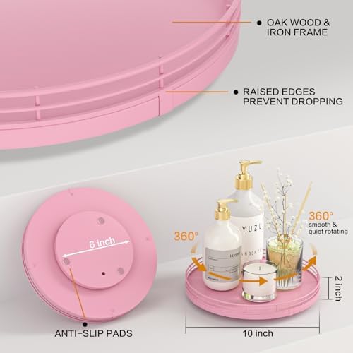 Oroyutor 10-Inch Oak Lazy Susan Vanity Tray, Pink Finish - Image 5