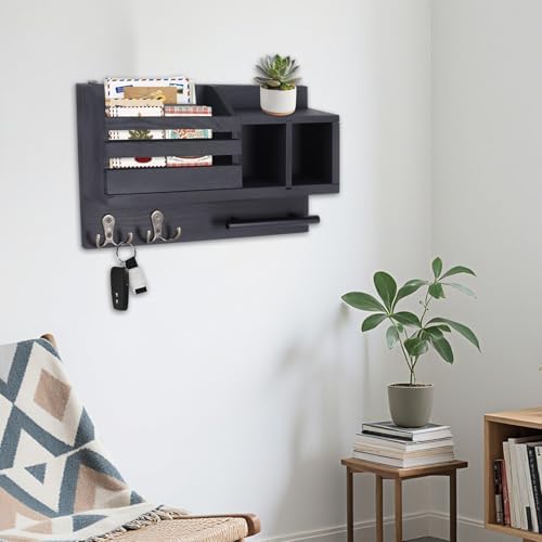 Key and Mail Holder Wall Mount, Wooden Entryway Organizer with 2 Hooks & Shelf, Compact Key Rack for Wall with Mail Organizer & Sunglasses Bar, Black Finish for Mudroom Hallway Decor - Image 7