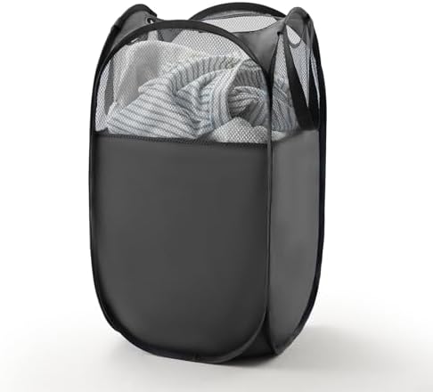 TECHMILLY Pop Up Foldable Laundry Basket, Mesh Laundry Hamper with Reinforced Handles for Dirty Clothes Storage in Dorm, Laundry Room, Bathroom, Black(Fabric) by TECHMILLY