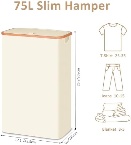Vincona Slim Laundry Basket with Lid, Narrow Dirty Clothes Hampers for Laundry with Handle, Skinny Laundry Bin for Laundry Room, Dorm, Bedroom and Bathroom, 19.8 Gallon (75L) Beige - Image 3