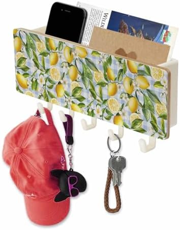 Lemon Key Holder Wall Mount,Country Yellow Fruit Blue Plaid Green Leaf White Hanging Mail Organizer with 5 Key Hooks Wall Decorative,Adhesive Key Rack with Shelf for Hallway Kitchen Entryway Decor by Unknown
