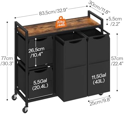 HOOBRO Laundry Sorter with 4 Section, 34 Gal. (127 L) Laundry Hamper with Wheels, Rolling Laundry Basket with Shelf, Pull-Out Detachable Bags, Side Pockets, Rustic Brown and Black BF14XY01N1 - Image 3