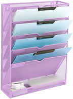 EASEPRES 6 Tier Mesh Hanging Wall File Organizer, Desk Vertical Mail Paper Document Folder Holder Rack with Bottom Tray and Nametag Label for Office Home School, Light Purple by EASEPRES