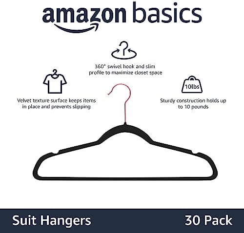 Amazon Basics Slim Velvet Non-Slip Space Saving Sturdy Suit Clothes Hangers, Closet Organizer, Black/Rose Gold, 30-Pack - Image 2