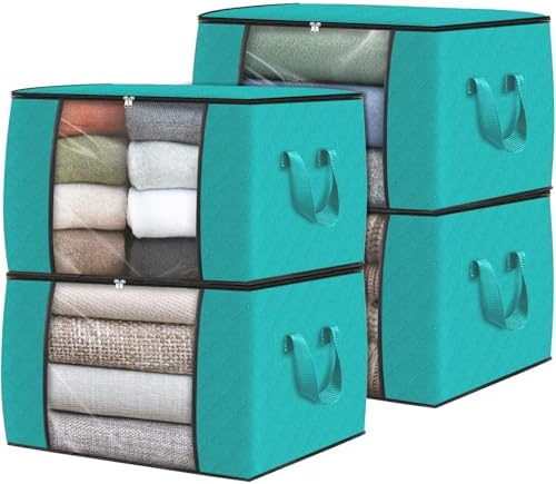 Fab totes 4 Pack Storage Bags for Clothes Blanket Storage Bins with Lids | Foldable Closet Organizers with Zippers,Window and Handles,Fabric Storage Bins for Sweater,Comforter,Bedding,Dorm essentials by Fabtotes