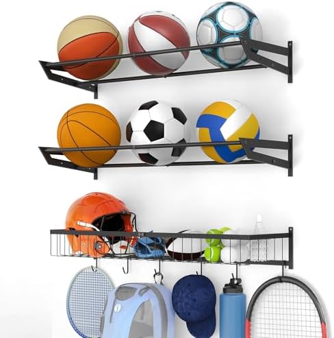 Ball Metal Holder Wall Mount Sports Organizer with 3Tier Shelf Garage Basketball Rack for Balls, Multi-Purpose Wall Ball Storage, Racks for Garage, Equipment Organizer with 6 Hooks, Metal Black（black） by SunexinloDirect
