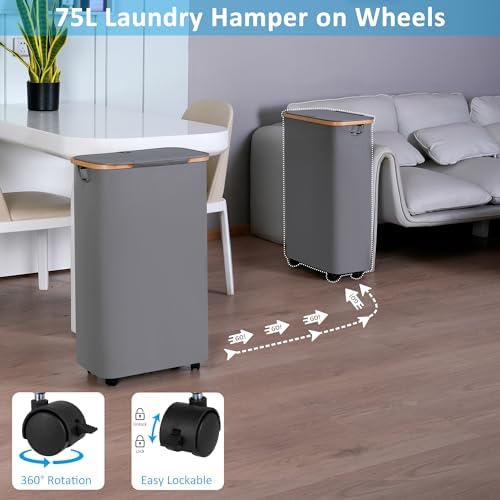 efluky Slim Laundry Basket with Wheels, Narrow Rolling Laundry Hamper with Lid and Removable Bag, Tall Aesthetic Dirty Clothes Hamper on Wheels for Laundry Room, Bedroom, Dorm and Bathroom, 75L Grey - Image 2