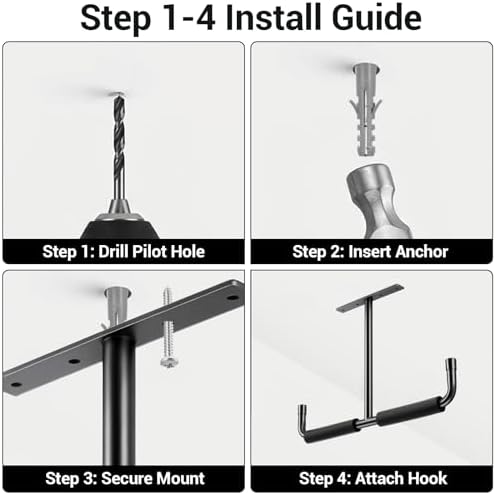 4 Pack Overhead Garage Storage Hooks Heavy Duty Ceiling Mount Hangers Double T-Bar Steel Ladder Rack Space Saving Utility Hooks for Bike, Lumber, Pipe, Fishing Rod, Sports Equipment, Black - Image 5