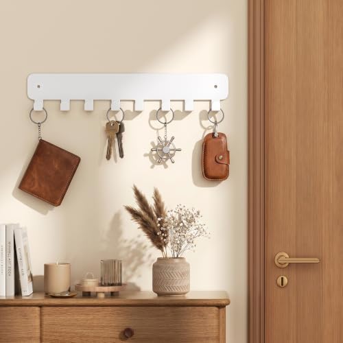 pickpiff Key Holder Wall Mount, Adhesive Key Rack with 8 Hooks Hanger for Car Key Ring, Metal Key Chain Organizer, White 1 Pack - Image 2