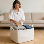 96L Woven Laundry Basket with Handles, Extra Blanket Basket,White - Image 4