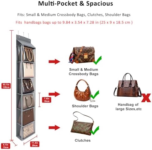 Lirex Over The Door Purse Organizer & Purse Shelf for Closet – Handbag Storage Organizer with Purse Hanger. Perfect for Scarves, Hats, and Leggings. S (11.8'' x 5'' x 51.6''), Grey - Image 2
