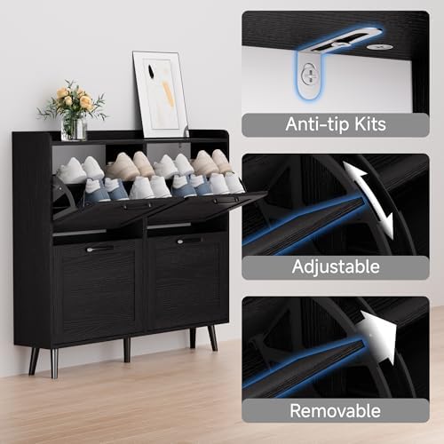 Shoe Storage Cabinet with 4 Flip Drawers, Freestanding Shoe Organizer with Adjustable Shelf & Anti-Tipping Device, Hidden Shoe Rack for Entryway, Hallway, Foyer, Lounge（Black） - Image 6