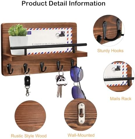 Key Holder for Wall with Mail Holder, Decorative Wooden Key Holder Wall Mount, Mail Rack Organizer with Shelf for for Entryway Office Hallway Home Decor, Rustic Brown - Image 3