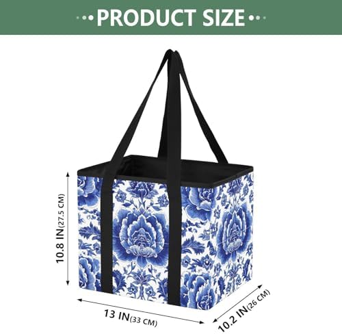 Trunk Organizer Collapsible Car Organizer with Handle Car Storage Box Bin for Groceries SUV Utility Tote Bag Portable Vehicle Container Blue and White Flowers Tile - Image 2
