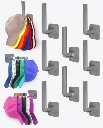 Hat Rack for Hat Storage(8-Pack), Multi-Purpose Hat Organizer, Strong Adhesive Hat Hooks for Wall, Hat Organizer for Baseball Caps, Two Mounting Options Hat Hook, Gray by Sunfanie