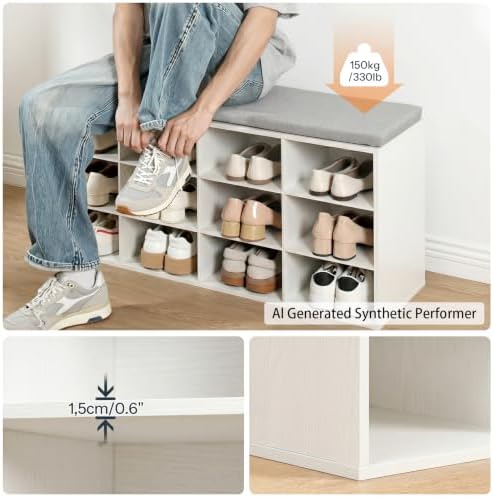 HOOBRO Shoe Storage Bench with Cushion, 39.4" L Entryway Bench with 12 Cubbies, Entryway Hall Tree with Storage, Cubby Shoe Rack Bench with Coat Rack for Hallway, Holds up to 330 lb, White WT112HX01 - Image 5