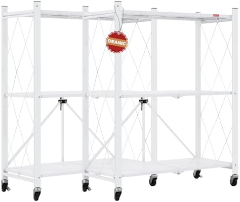 DEANIC 3 Tier Foldable Storage Shelves with Wheels, Large Capacity Shelving Unit, Freestanding Metal Wire Shelf Rack, No Assembly Organizer Rack for Garage Kitchen, Basement, Pantry(White Pack of 2) by ShowNow