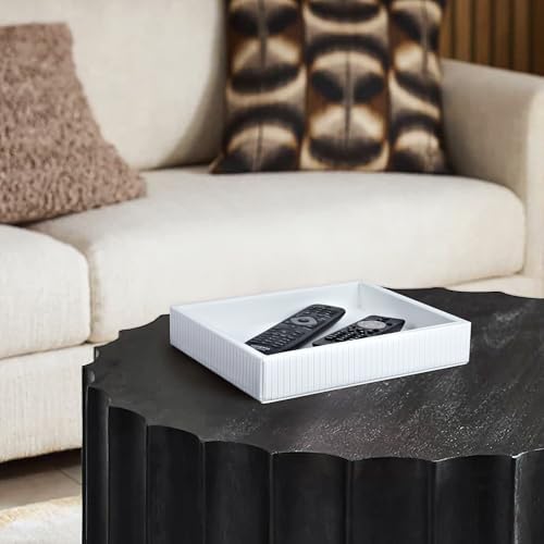 HofferRuffer Faux Leather Vanity Tray, Elegant Desktop Storage Organizer, Decorative Catchall for Perfume, Bathroom Valet, Nightstand or Dresser, 10.2 x 8.4 x 1.8 inches (White Stripe) - Image 3