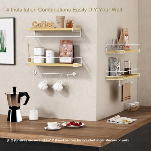 Forbena Natural Wood Bathroom Floating Shelves for Wall Set of 2, Light Wood Wall Shelves with Rail for Bathroom Nursery Office (Natural Wood and White) - Image 5