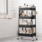TOOLF 4 Tier Rolling Cart, Metal Utility Storage Cart with Pegboard, Black | 2 Bins & 4 Hooks, Screwless Assembly, Lockable Wheels, Trolley Organizer for Bathroom, Kitchen, Office, Dorm, Craft Room - Image 4